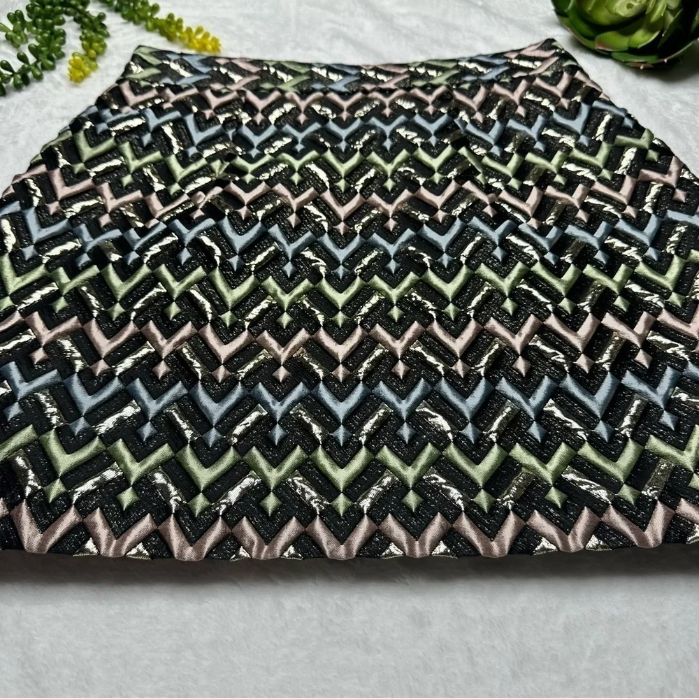 Milly Metallic Chevron Textured Modern Mini Skirt in Black Pink Green Womens 6